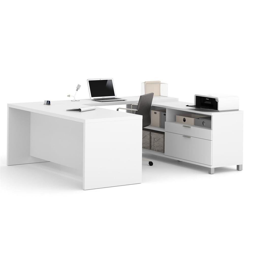 Contemporary White U-Shaped Executive Home Office Desk with Drawers