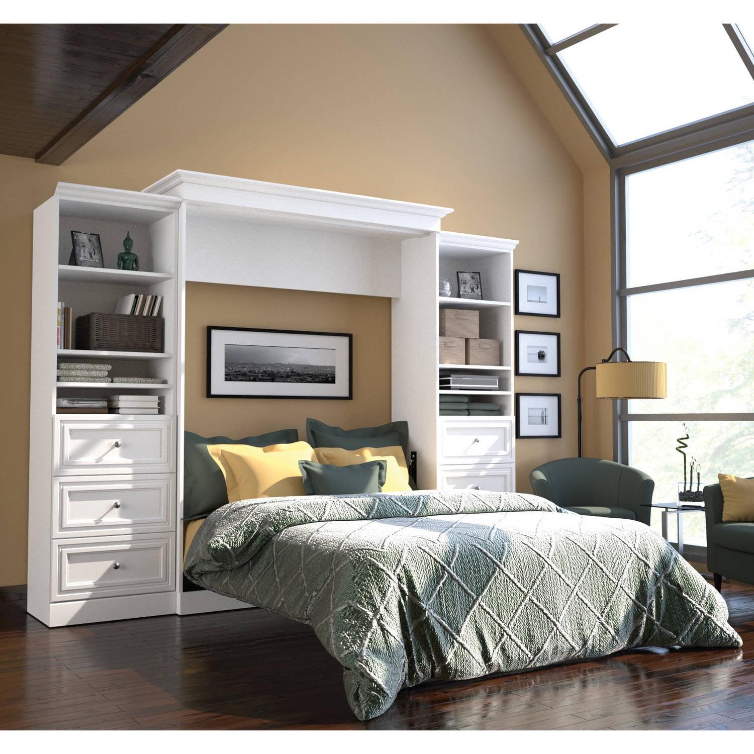 White Queen Murphy Bed with Wood Frame and Six Drawers