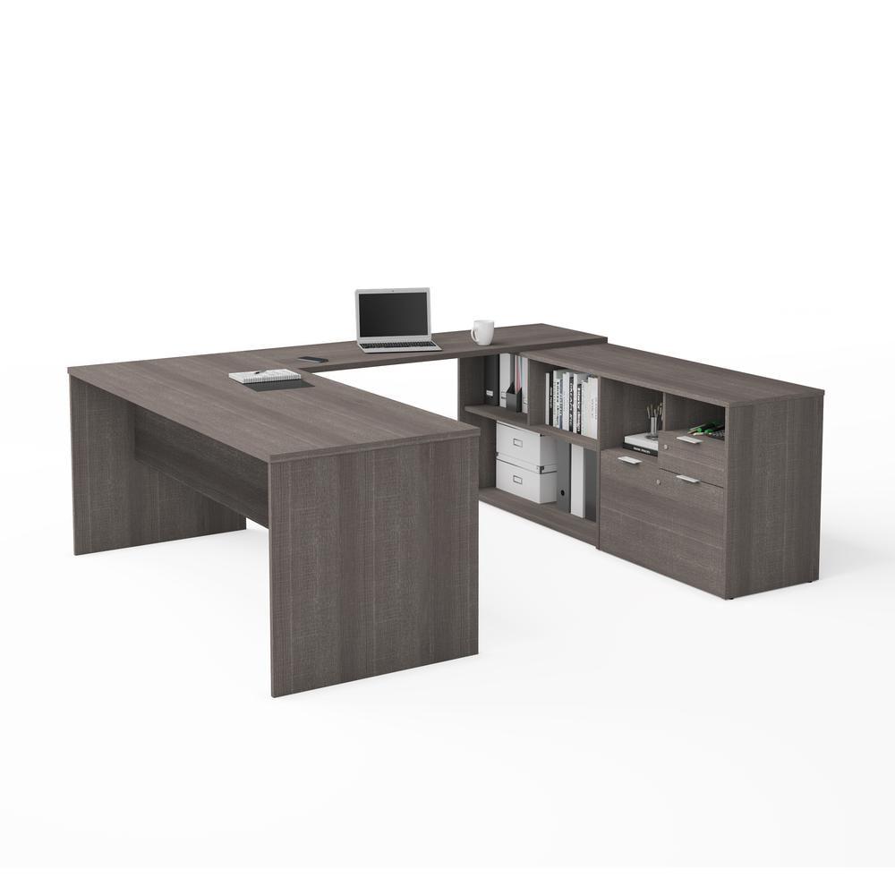 Bark Gray Executive U-Shaped Home Office Desk with Drawer