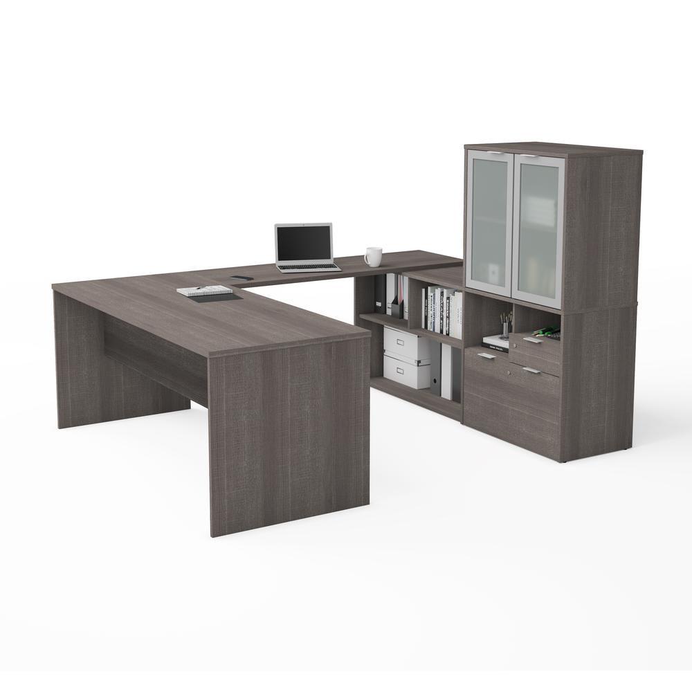 Bark Gray U-Shaped Executive Desk with Hutch and Drawers