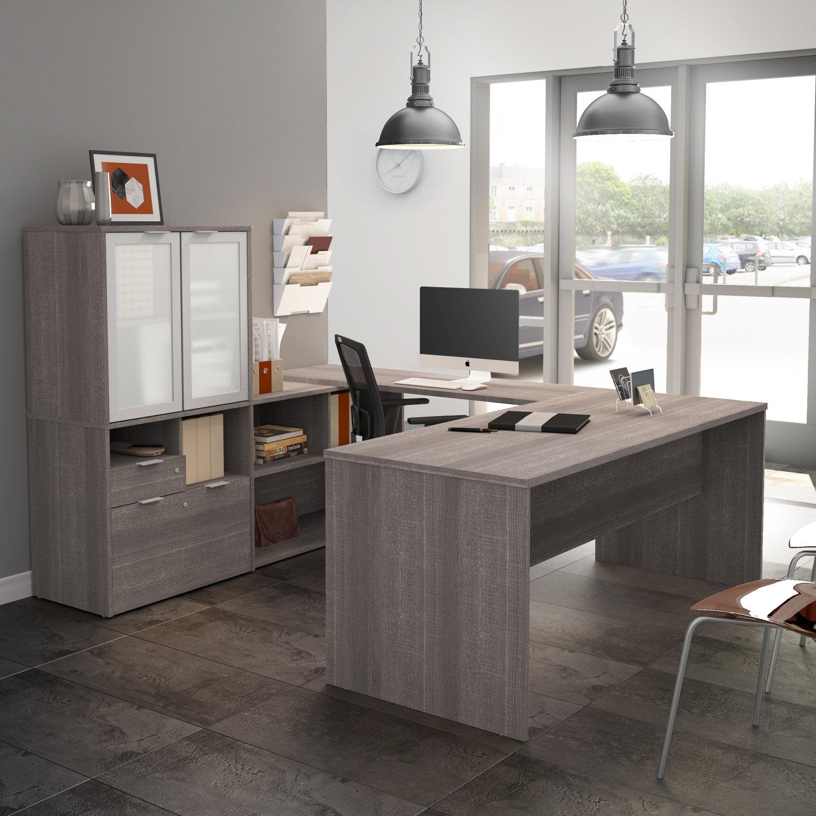 Bark Gray U-Shaped Executive Desk with Hutch and Drawers