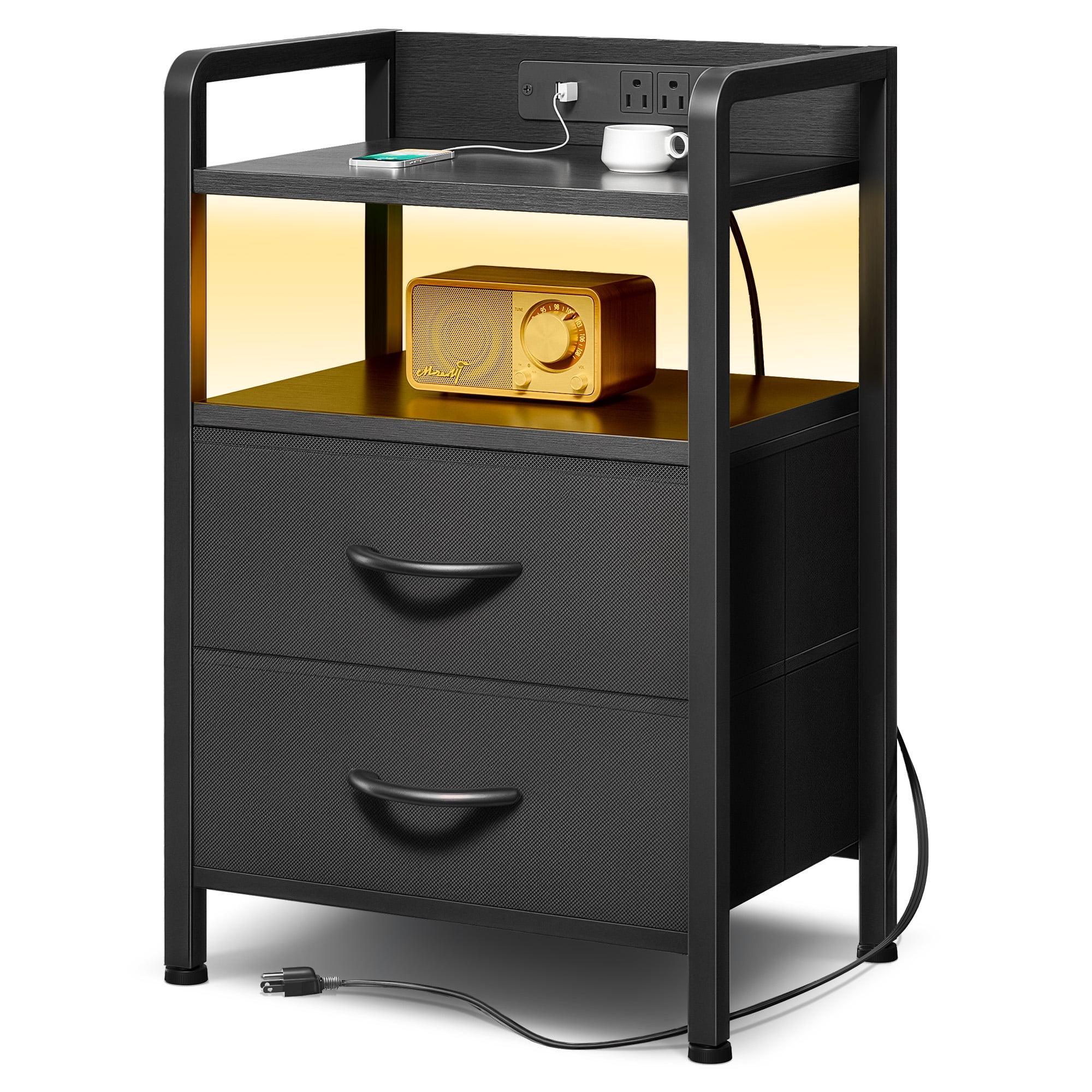 Black 2-Drawer Nightstand with LED Light and Charging Station