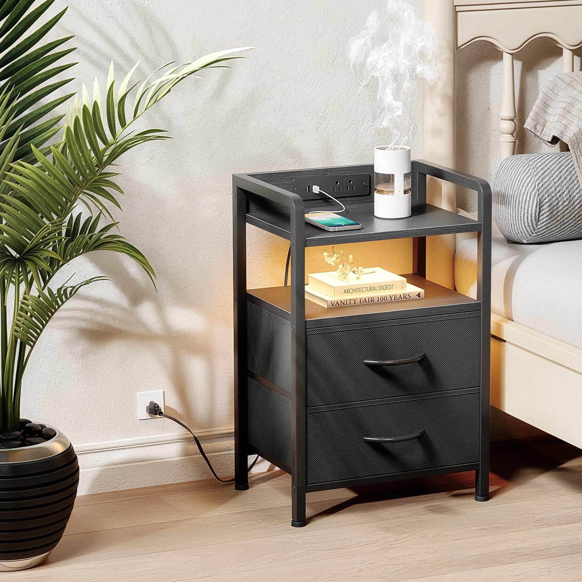 Black 2-Drawer Nightstand with LED Light and Charging Station