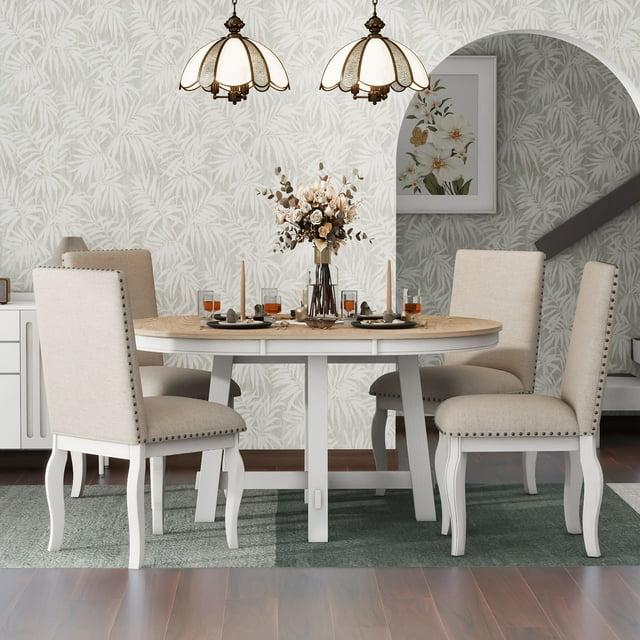Prehome 5-Piece Farmhouse Dining Table Set Wood Round Extendable Dining Table and 4 Upholstered Dining Chairs (Oak Natural Wood + Antique White)