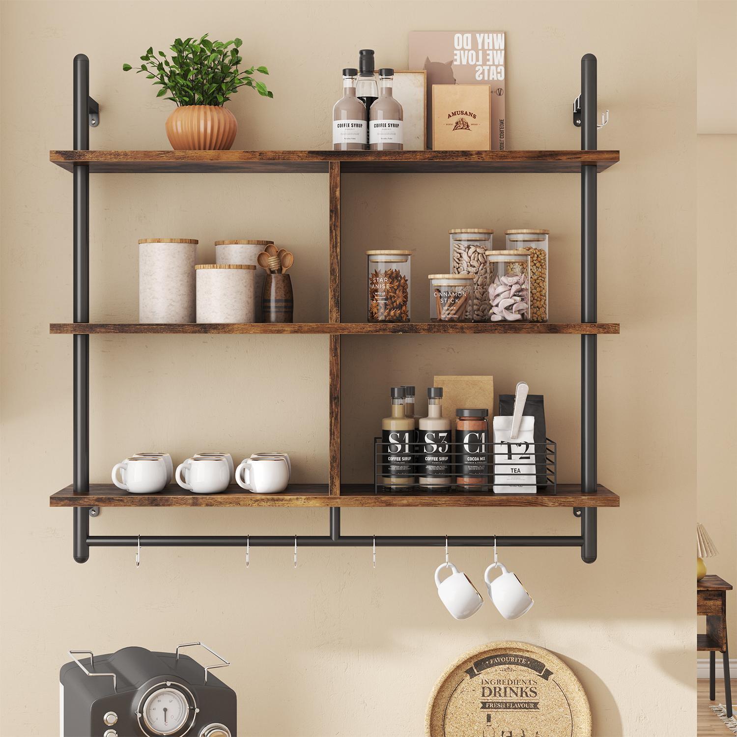 Rustic Brown 41" Industrial Pipe Wall-Mounted 3-Tier Kitchen Shelves