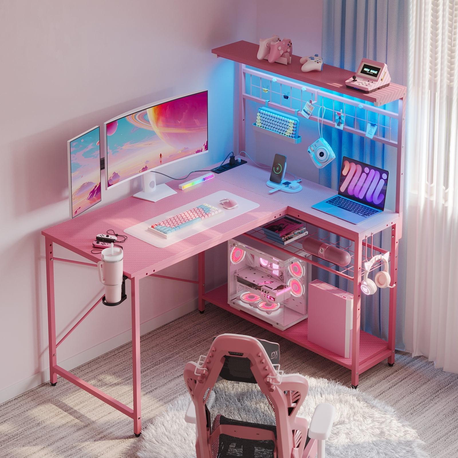 Pink L-Shaped Gaming Desk with Power Outlets and USB Ports