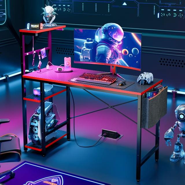 Bestier 44 inch LED Gaming Desk with Outlets & USB Ports Computer Desk with Storage Shelves in Black Carbon Fiber