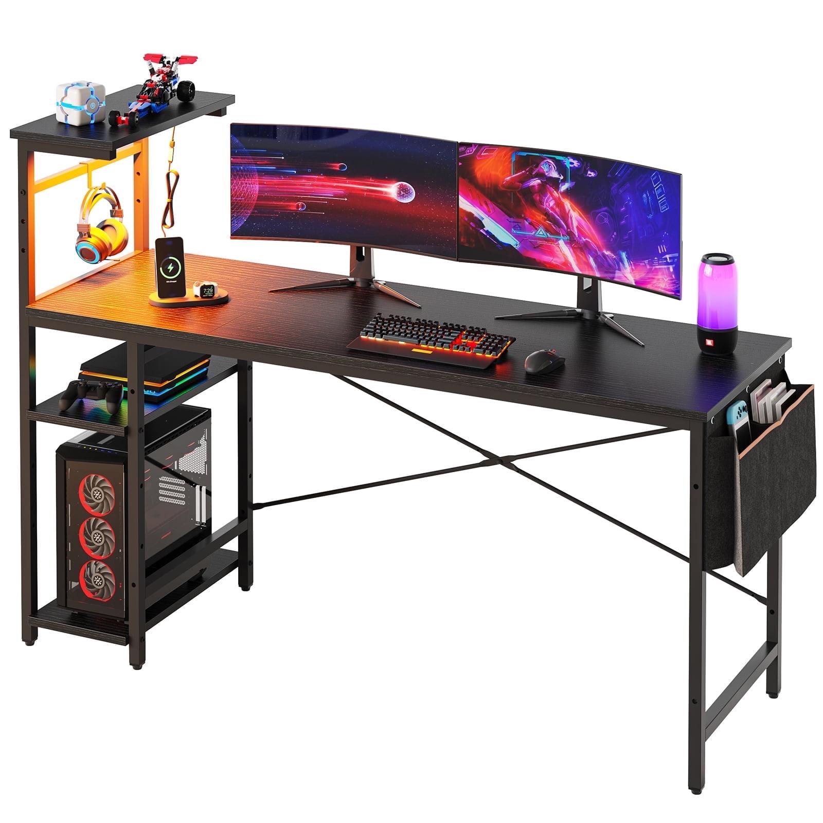 Black Wood Gaming Desk with Power Outlet and Headphone Hook