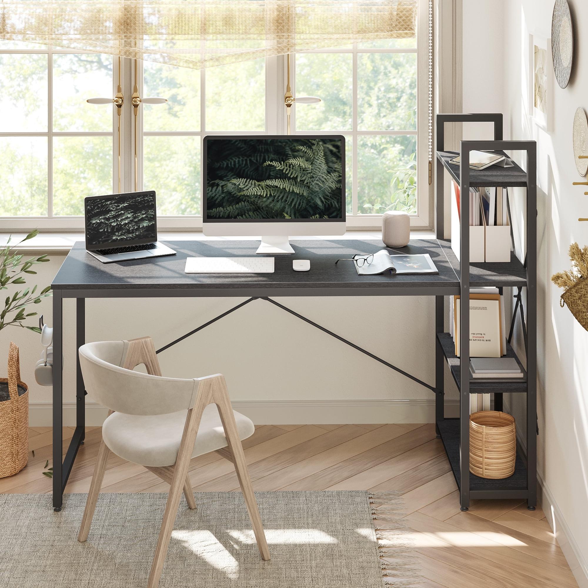 63" Black Oak Writing Desk with Headphone Hook and Reversible Bookshelf