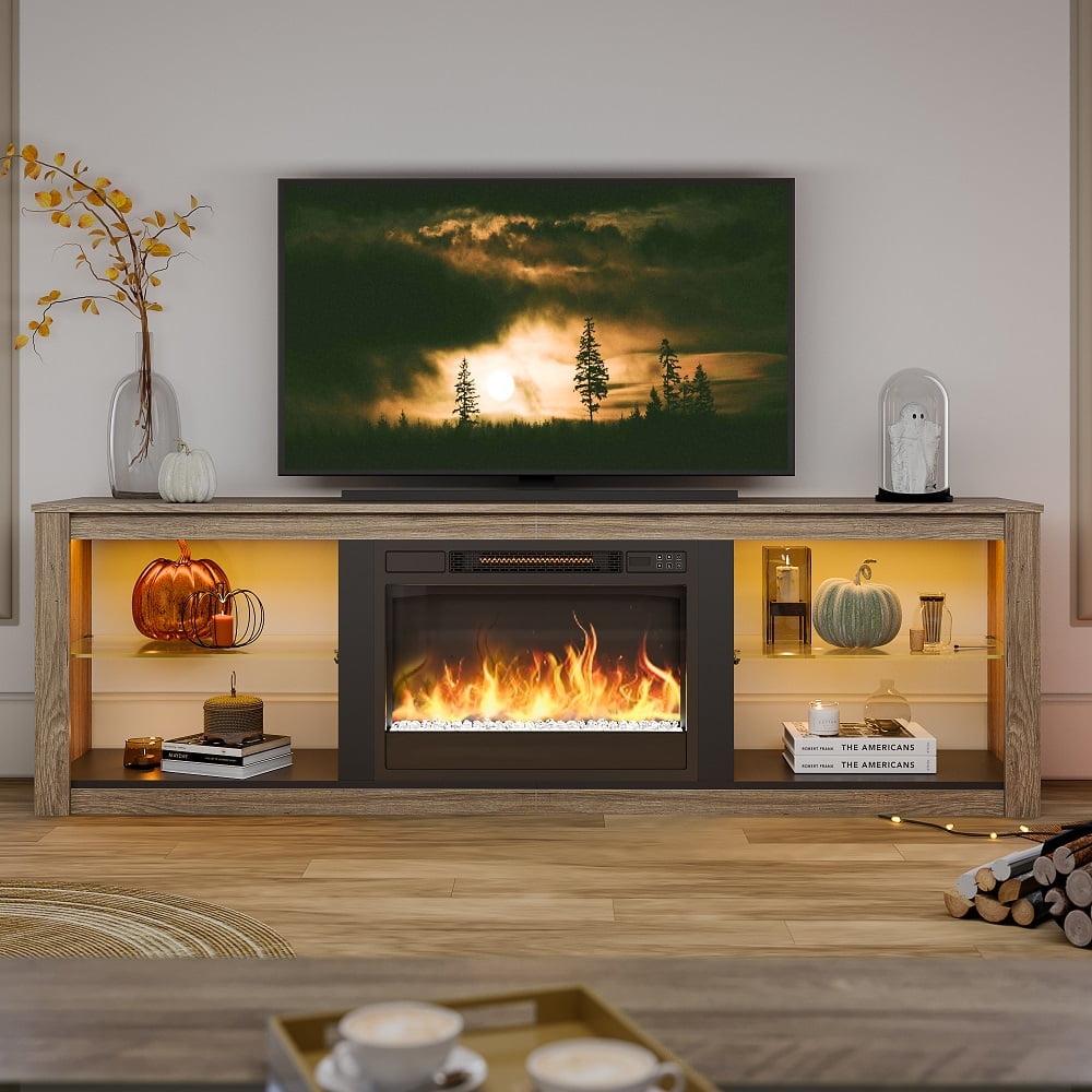 Bestier Electric Fireplace TV Stand Modern Entertainment Center for TVs up to 75" with LED Light and Storage Shelves in Wash Gray