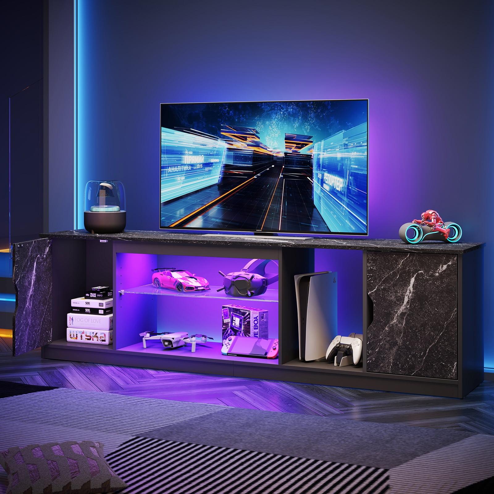 Bestier TV Stand for TVs up to 70" with LED Light, Entertainment Center for PS5 with Shelves, Black Marble