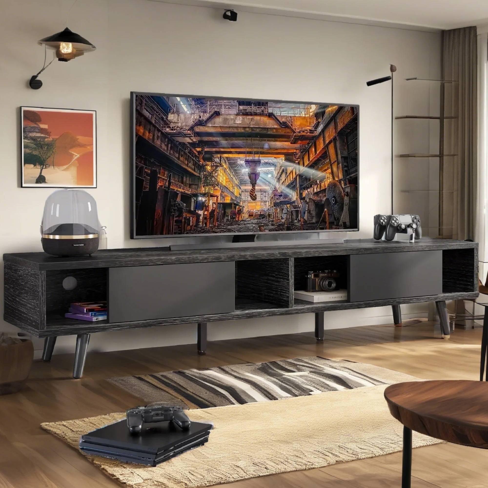 Bestier 70 inch Mid Century Modern TV Stand,Low Profile TV Console for 75 inch TV in Living Room,Black