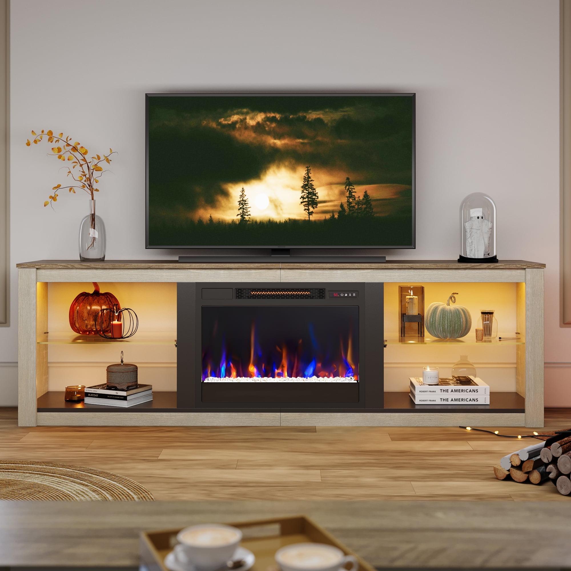 Bestier Modern Electric Fireplace TV Stand Entertainment Center for TVs up to 75" with LED Light and Storage Shelves in Wash White