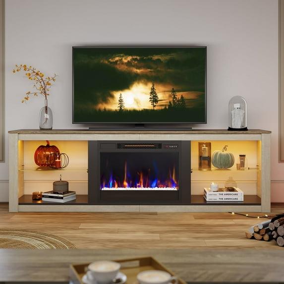 Bestier Modern Electric Fireplace TV Stand Entertainment Center for TVs up to 75" with LED Light and Storage Shelves in Wash White