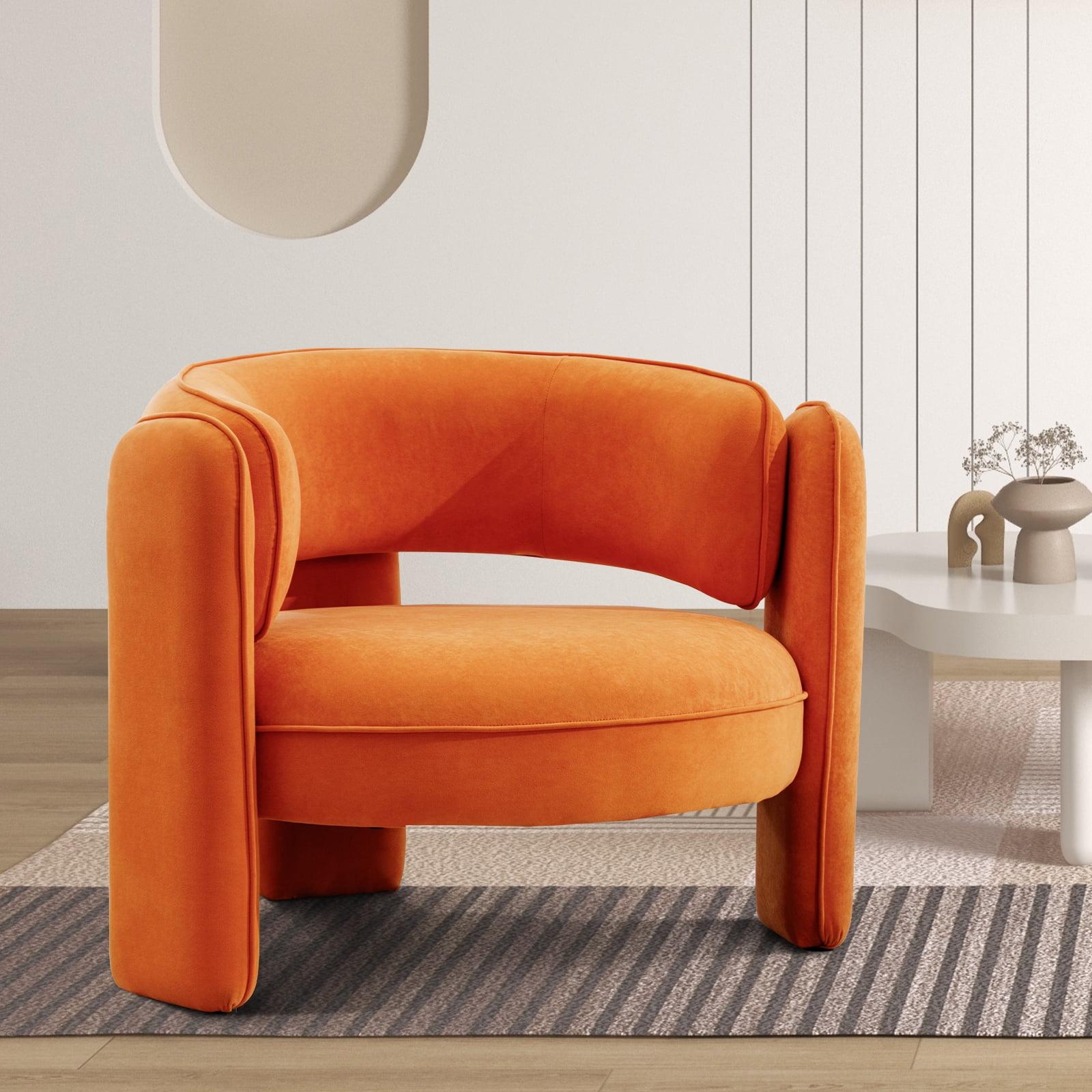 Modern Orange Velvet Barrel Accent Chair with Wood Frame