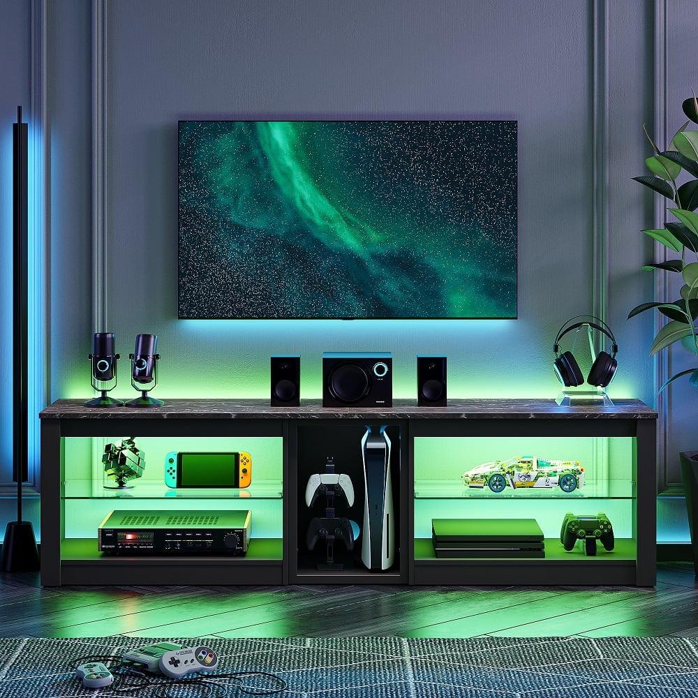 Bestier TV Stand for TVs up to 70" with LED Light, Entertainment Center for PS5 with Shelves, Black Marble