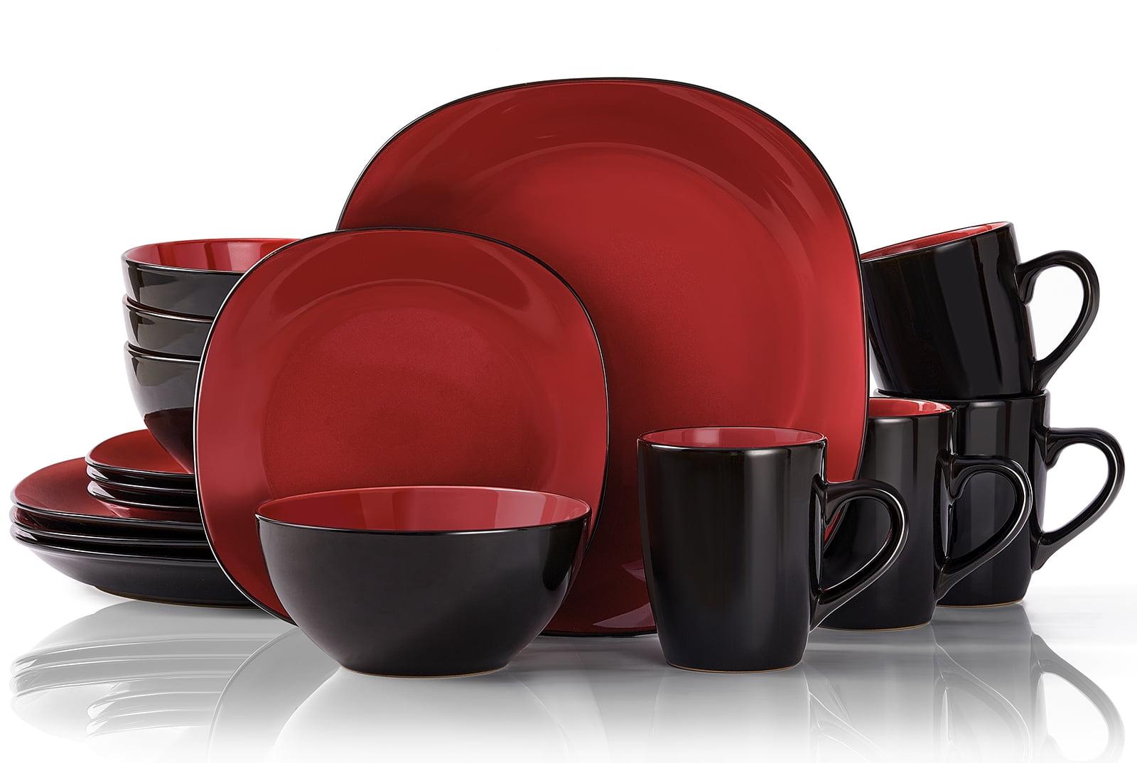 Red and Black Ceramic 16-Piece Dinnerware Set, Service for 4