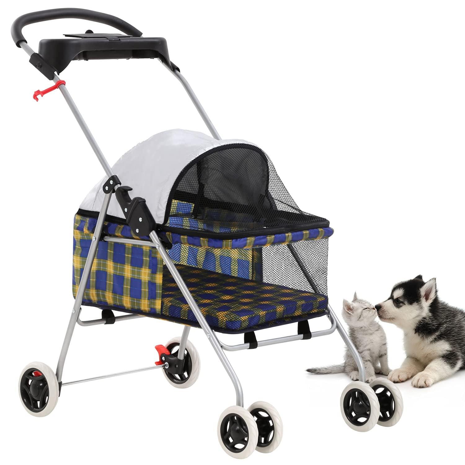 Bestpet Plaid Posh Pet Stroller for Dogs and Cats with Cup Holder, Yellow