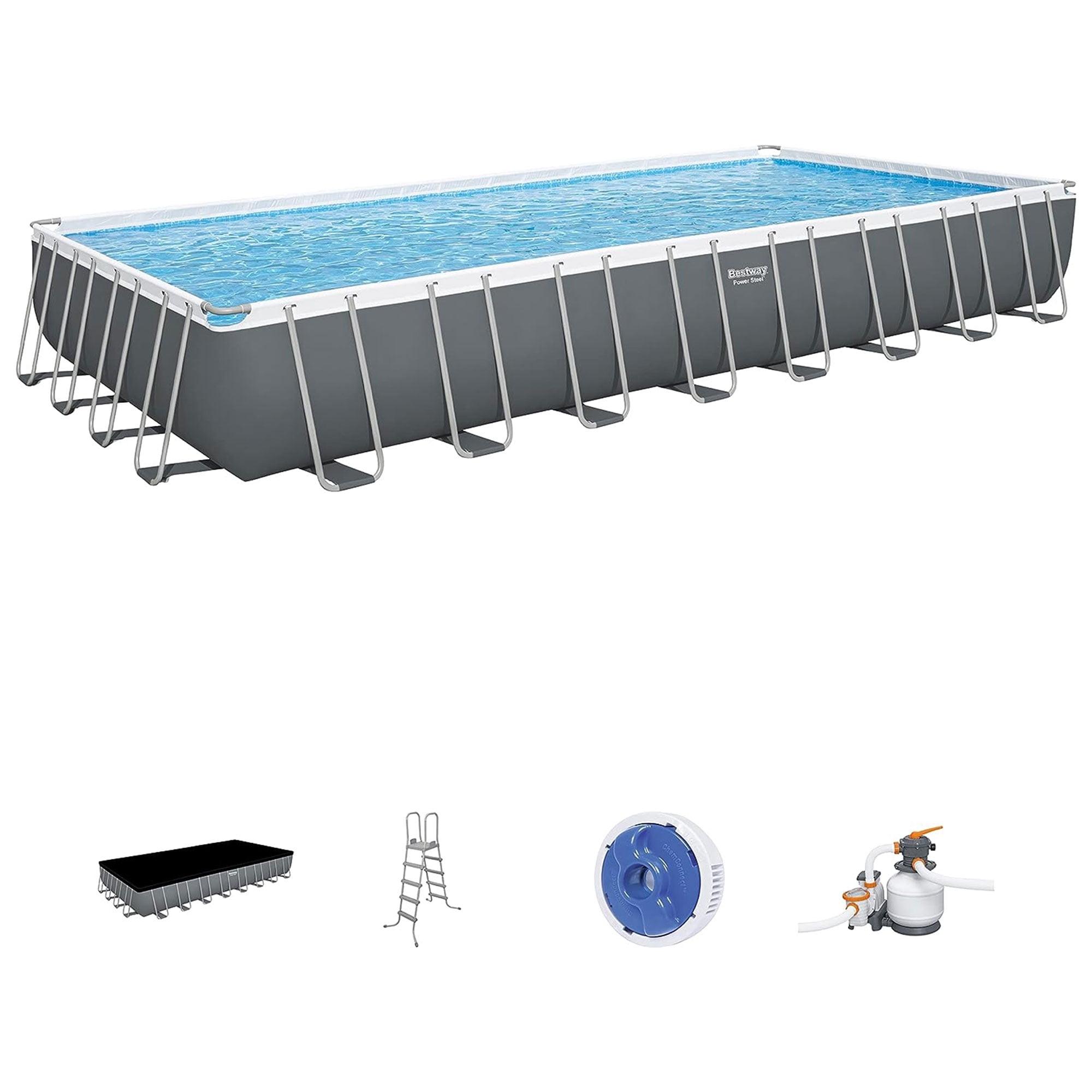 31 ft Gray Rectangular Metal Frame Above Ground Pool Set with Pump and Ladder