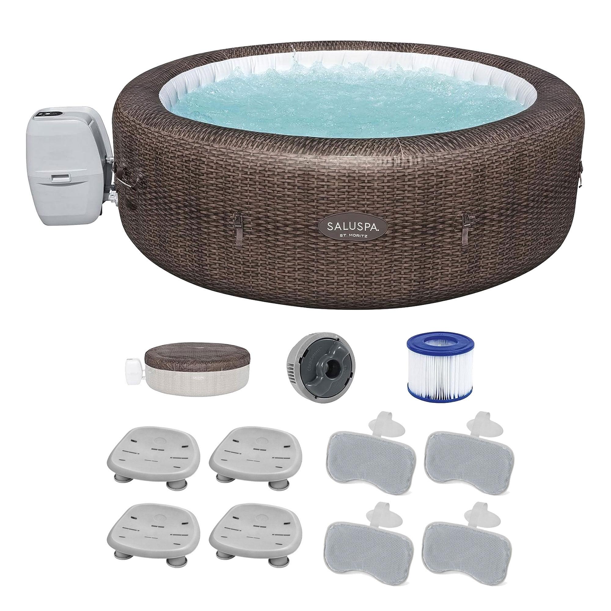Bestway SaluSpa St Moritz AirJet Hot Tub with Set of 4 Non Slip Pool and Spa Seats and Set of 4 Padded Headrest Pillows with Adjustable Strap, Brown