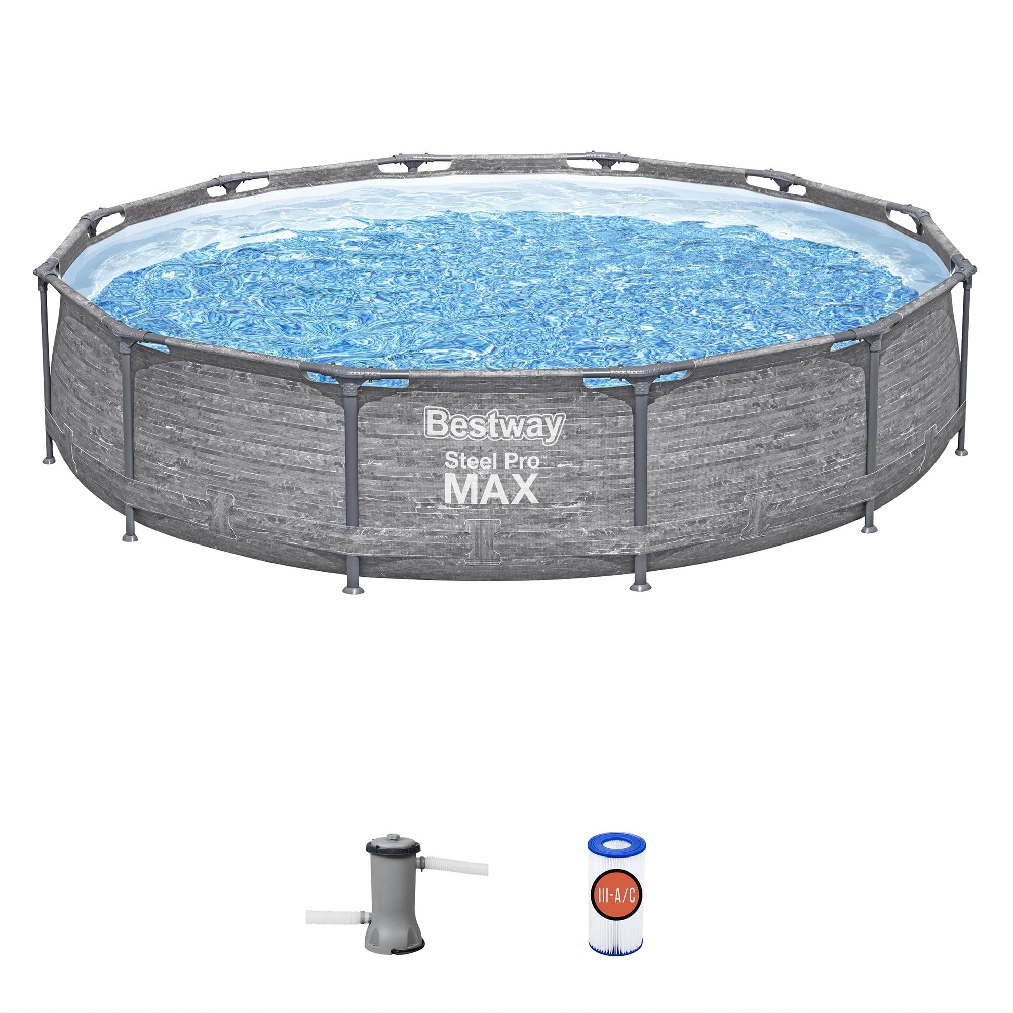 Bestway Steel Pro MAX 12' x 30" Round Above Ground Swimming Pool Set Outdoor Metal Frame Family Pool with Liner and Filter Pump, Gray