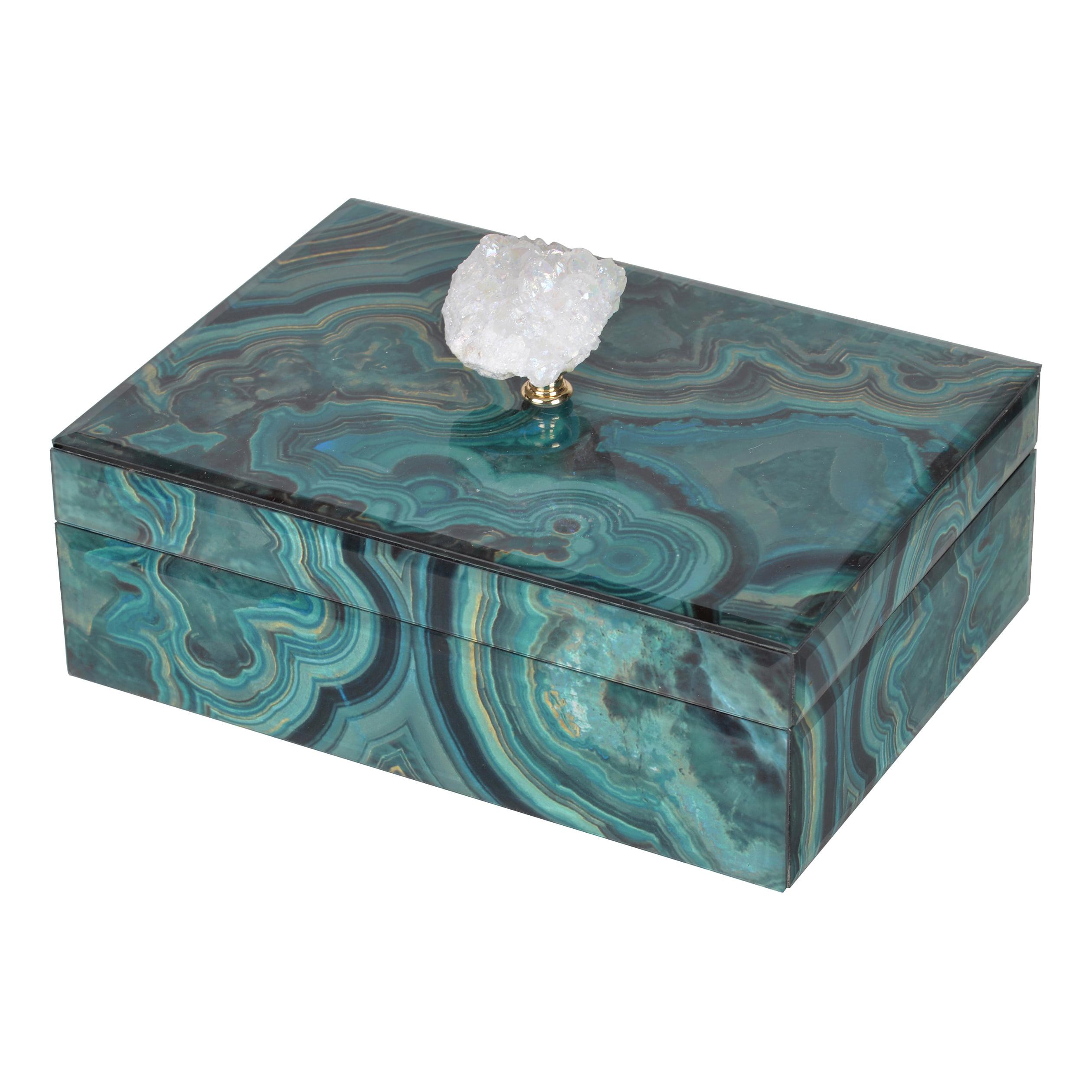 Bethany Large Marbled Blue Wood Lidded Box with Geode Finial