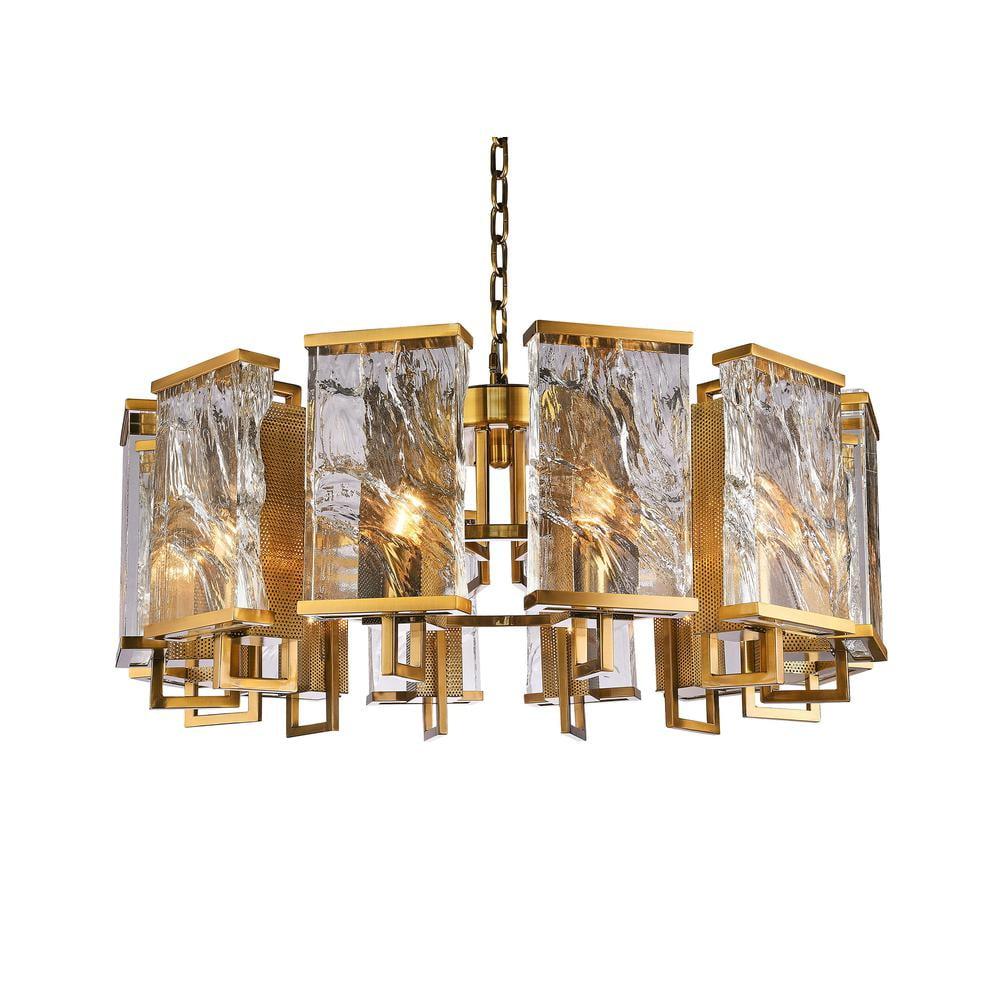 Exquisite Brass Finish Iron Chandelier with Distorted Crystal Plaques