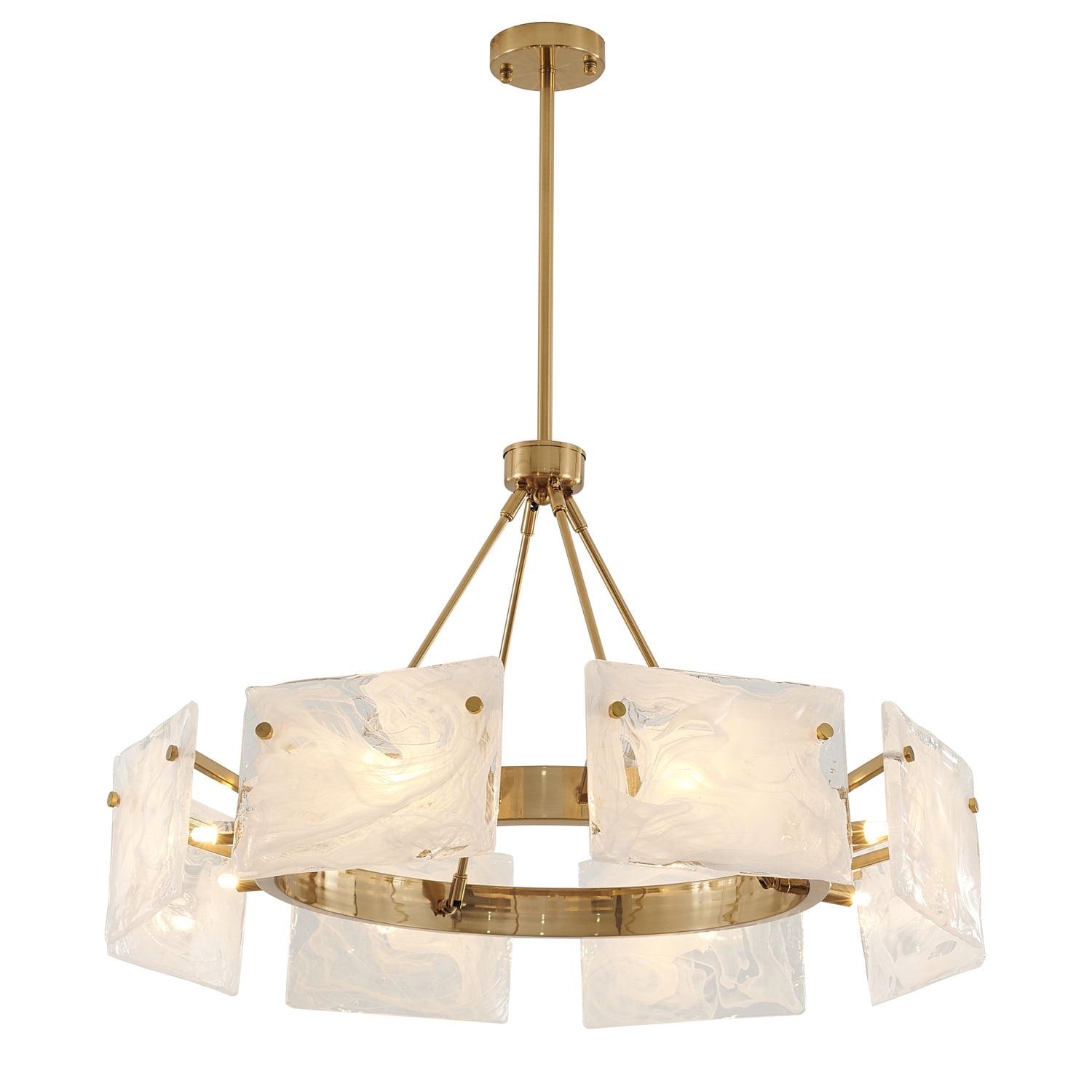 Elegant Gold Metal 32" Chandelier with White Stained Glass Shades