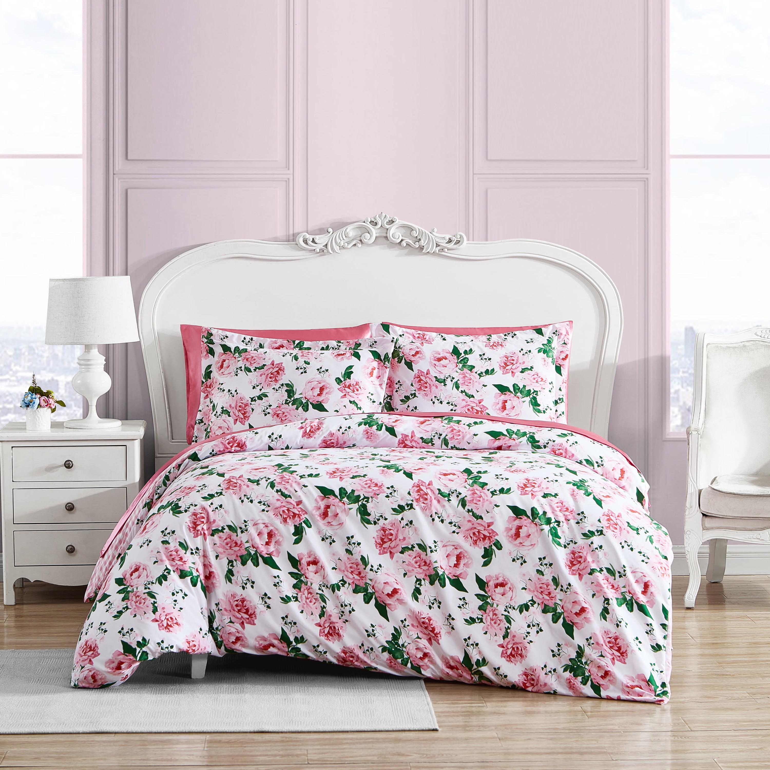 King Pink Floral Cotton Duvet Cover Set with Shams