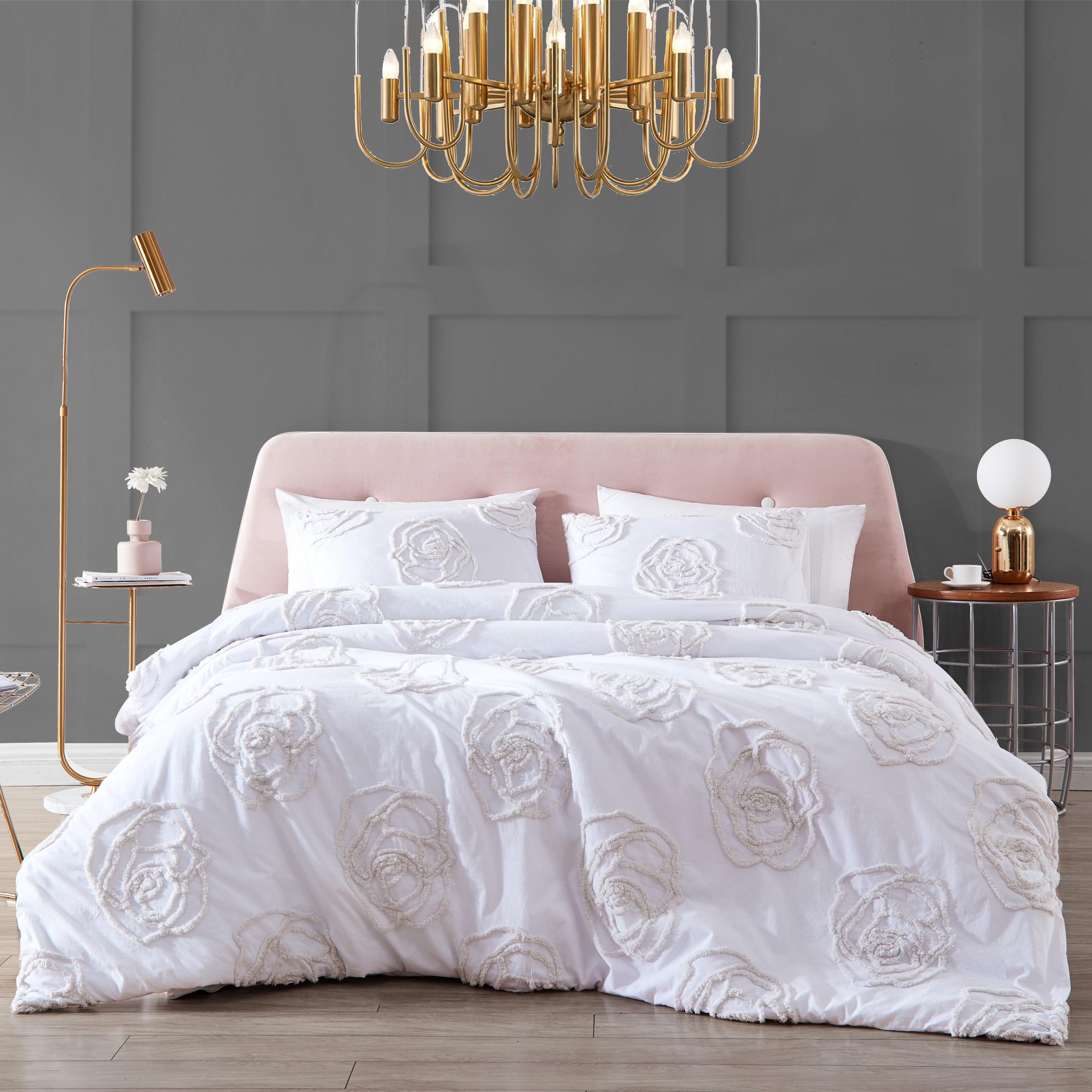 King White Cotton Duvet Cover Set with Textured Rose Accents