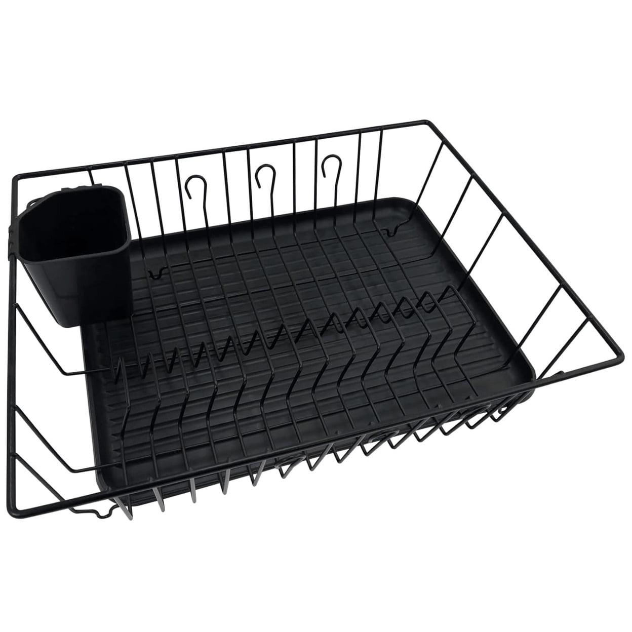 Black Chrome Steel Dish Rack with Utensil Cup