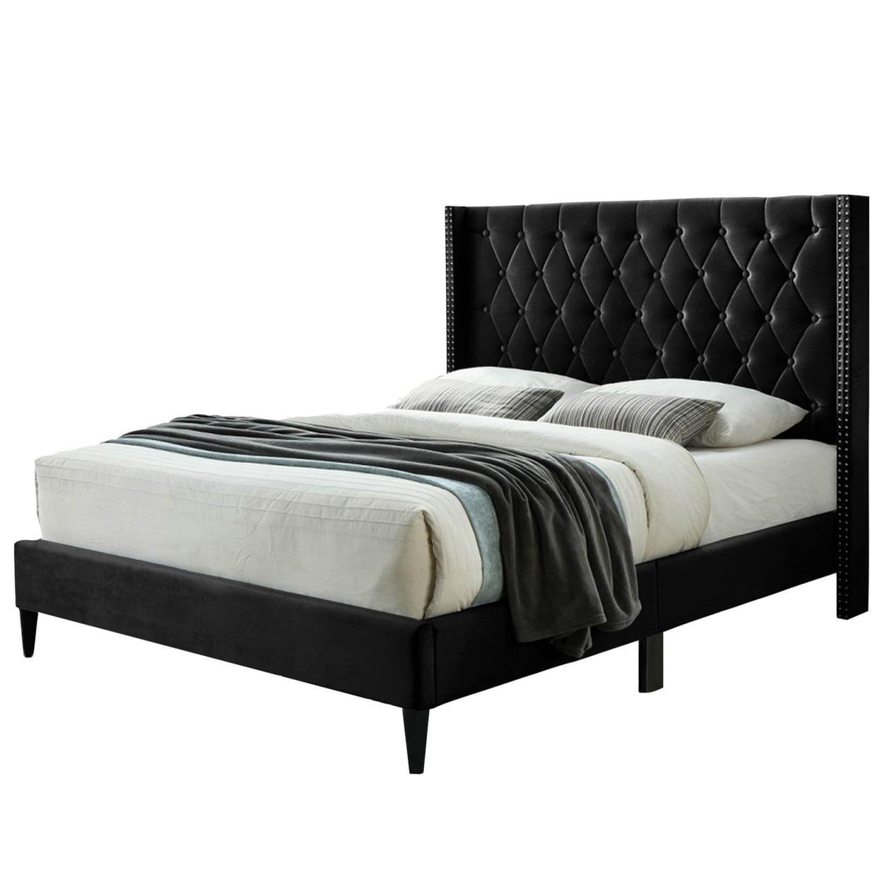 Amelia Black Velvet Tufted Queen Platform Bed with Nailhead Trim