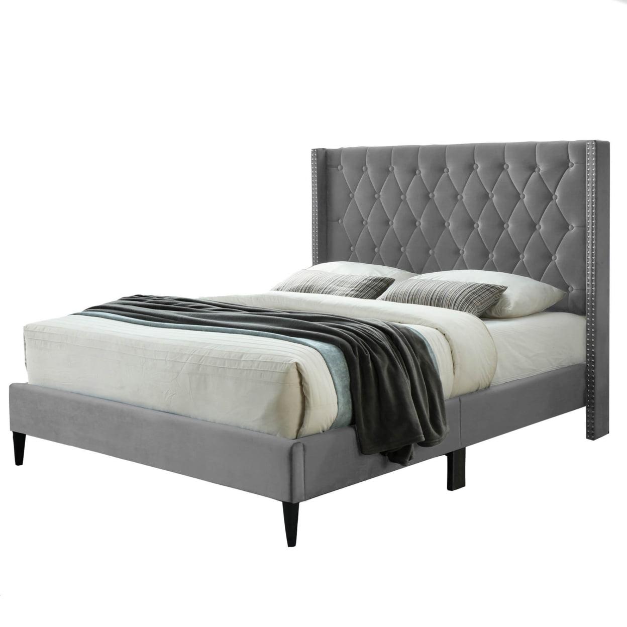 Amelia Gray Velvet Queen Platform Bed with Tufted Nailhead Headboard