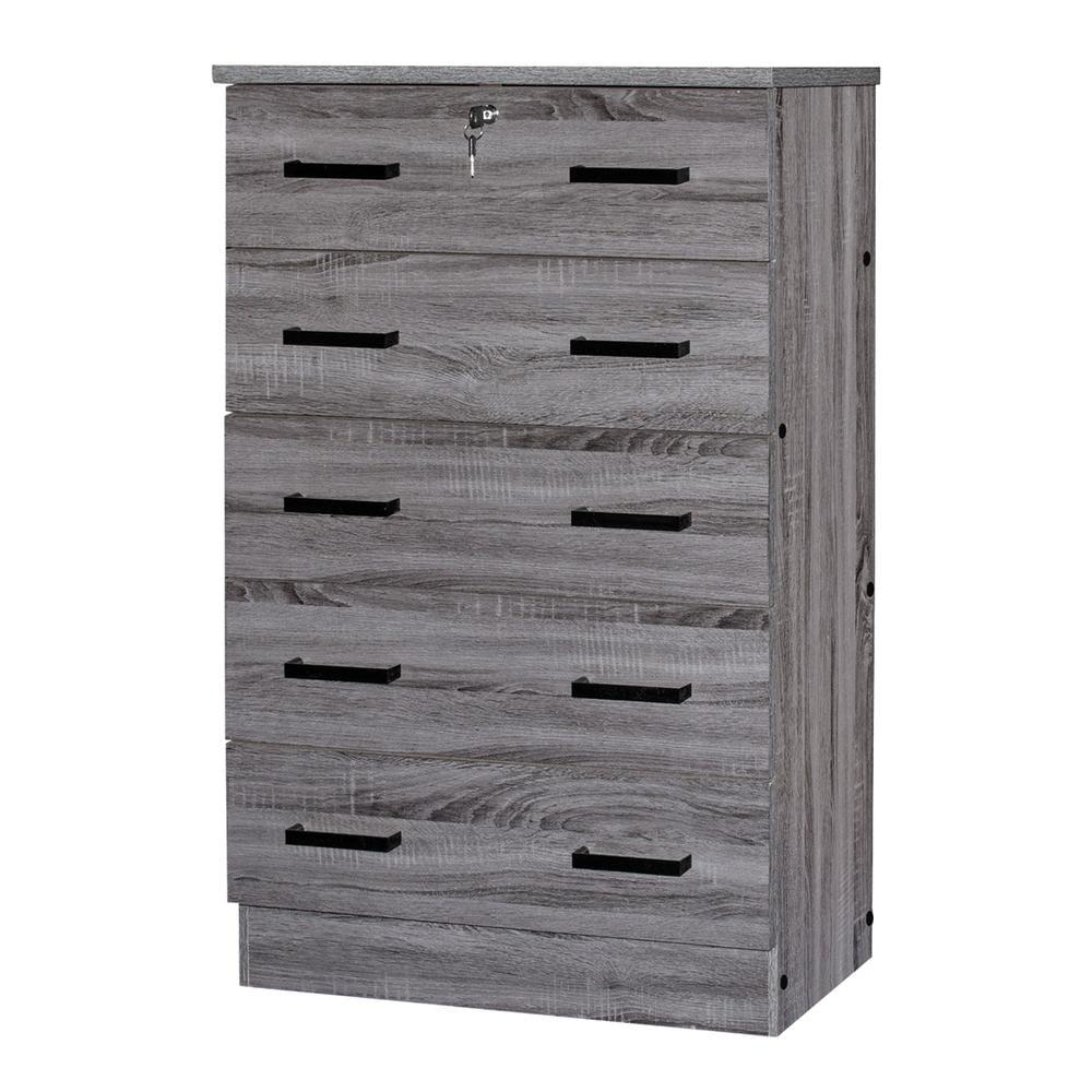Better Home Products Cindy 5 Drawer Chest Wooden Dresser with Lock in Gray