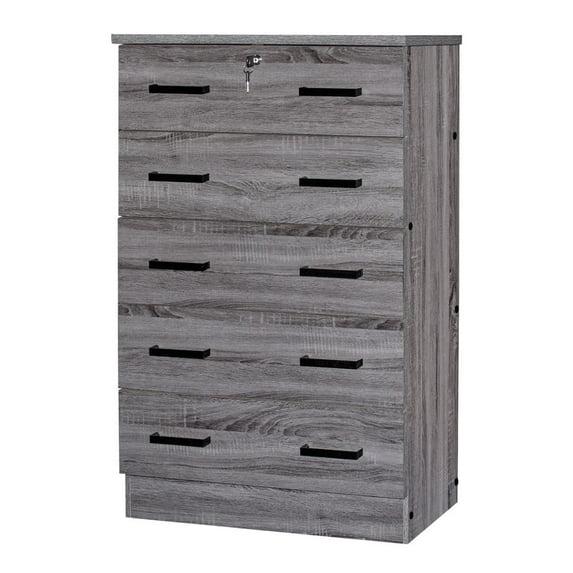 Better Home Products Cindy 5 Drawer Chest Wooden Dresser with Lock in Gray