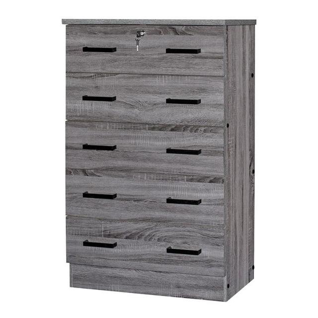 Better Home Products Cindy 5 Drawer Chest Wooden Dresser with Lock in Gray