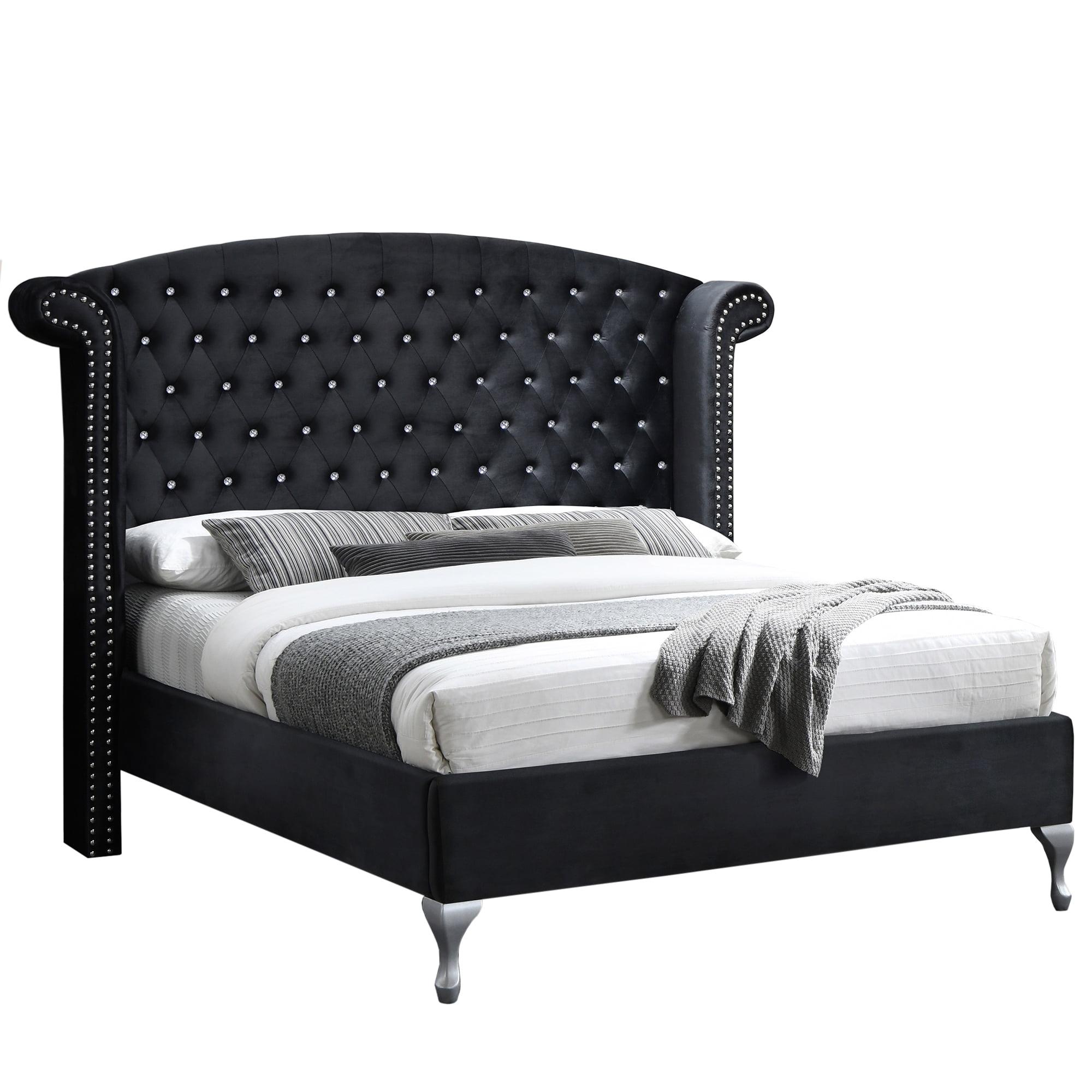 Elegant Full-Size Black Velvet Upholstered Bed with Crystal Tufted Headboard