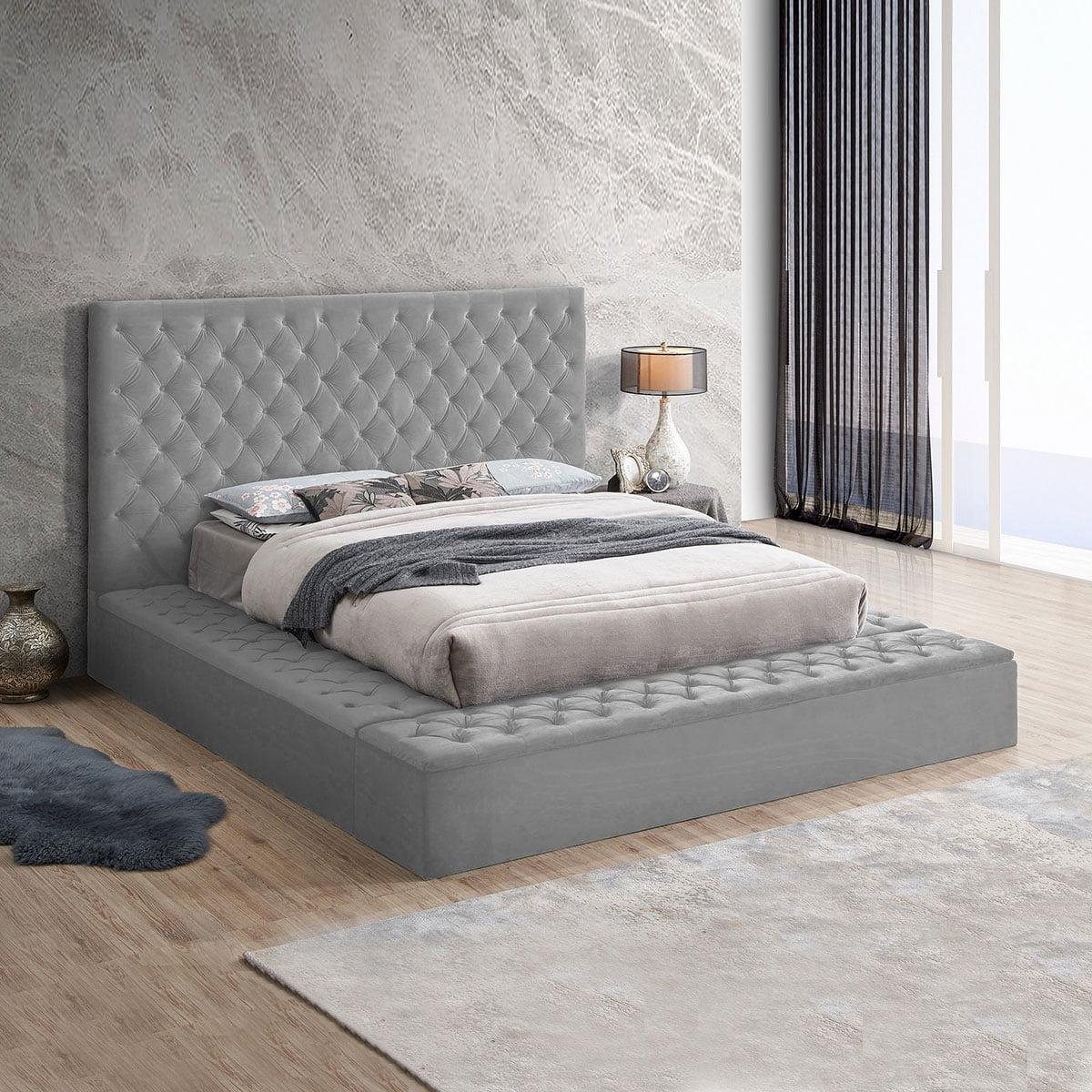 Gray Velvet Upholstered King Platform Bed with Tufted Headboard