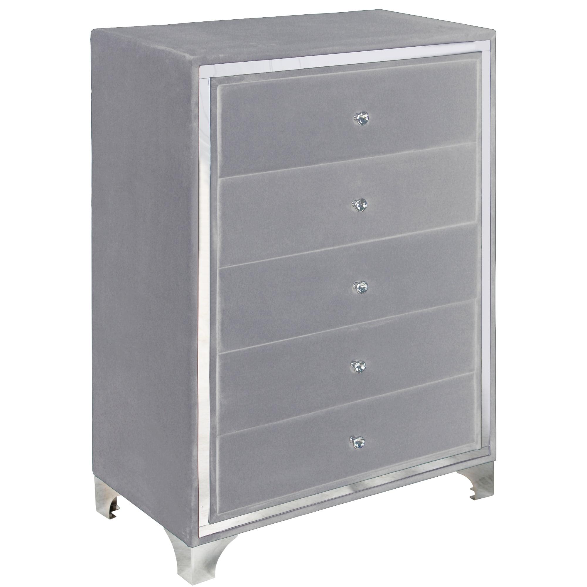 Elegant Gray Velvet 5-Drawer Dresser with Crystal Knob Accents