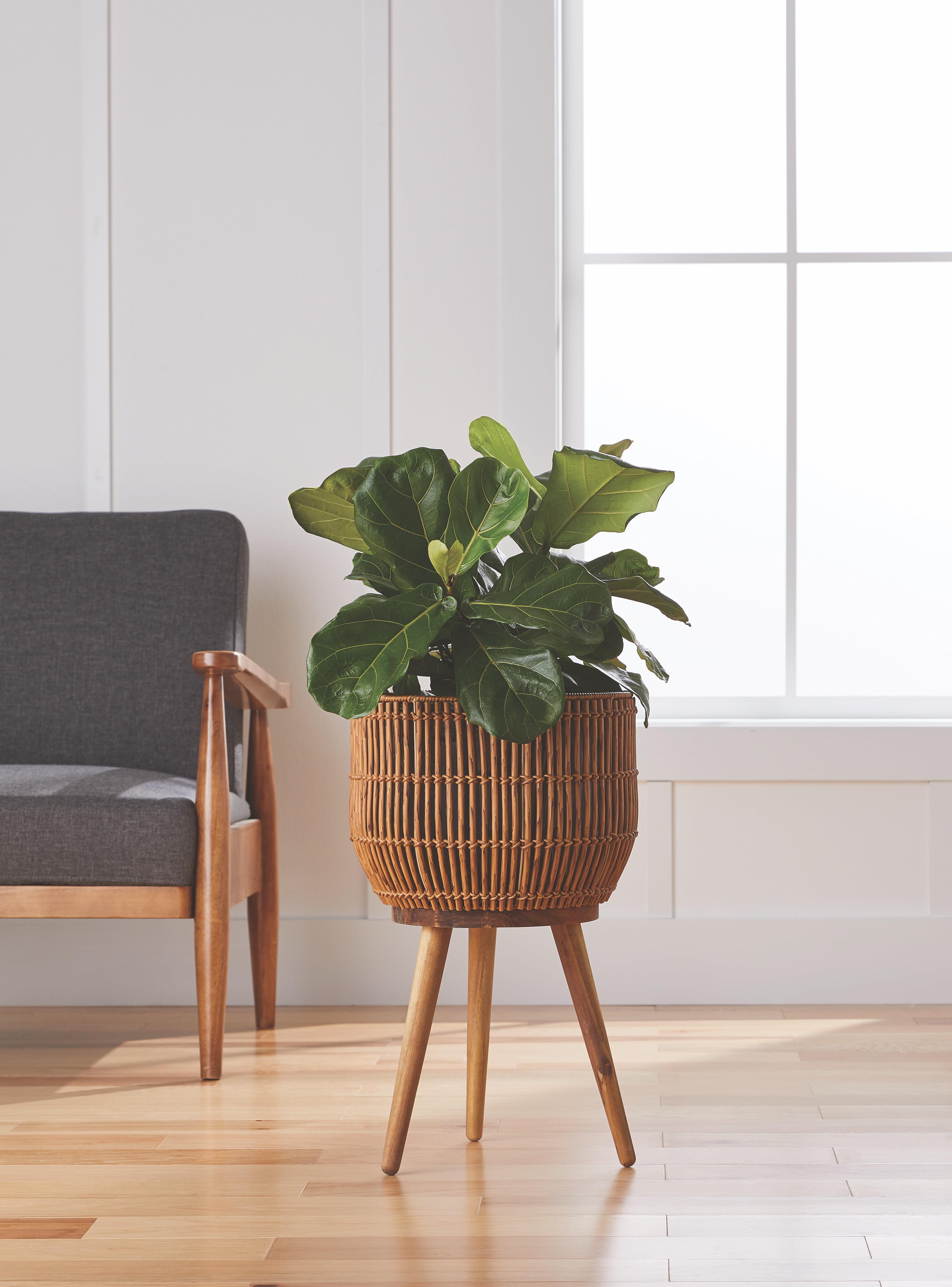 Brown Resin Rattan Planter with Acacia Wood Stand, 21.65 Inches