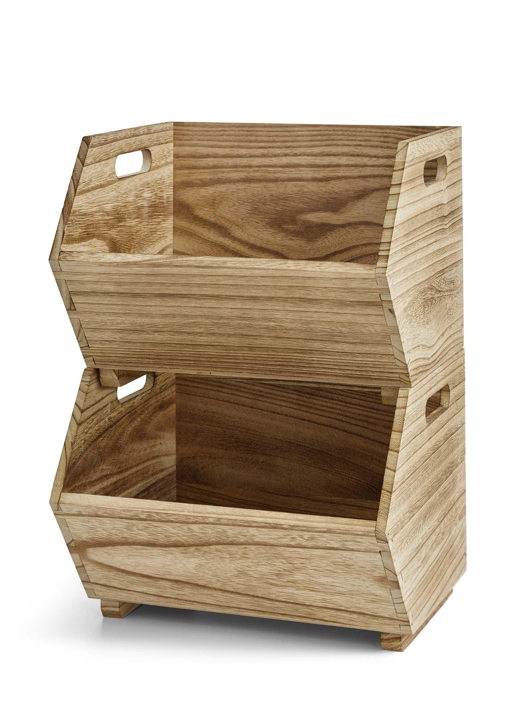 Natural Wood Rectangular Stacking Storage Bins with Cut-Out Handles, 2-Piece Set