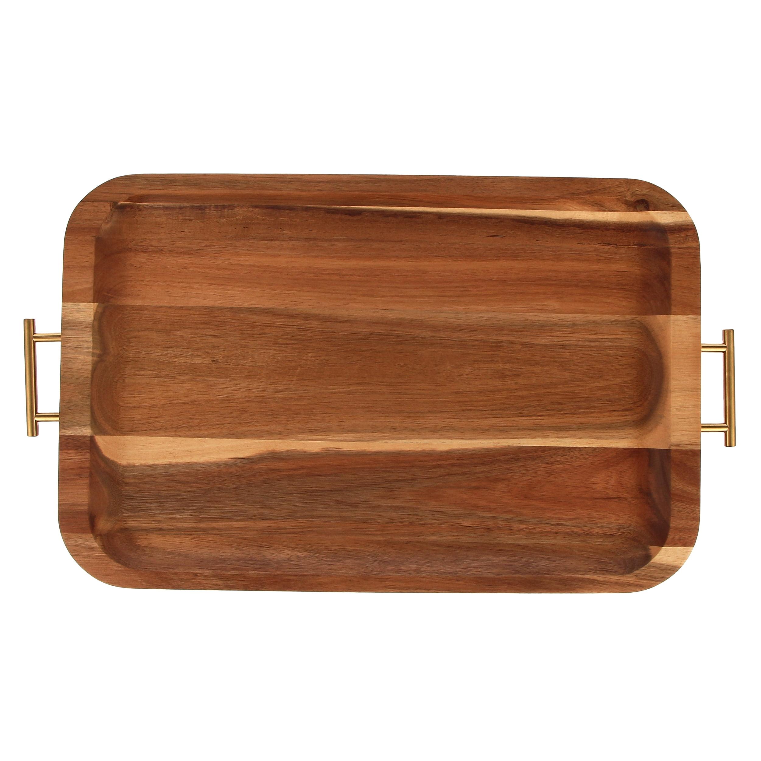 Better Homes & Gardens- Acacia Wood Rectangle Serving Tray with Gold Handles