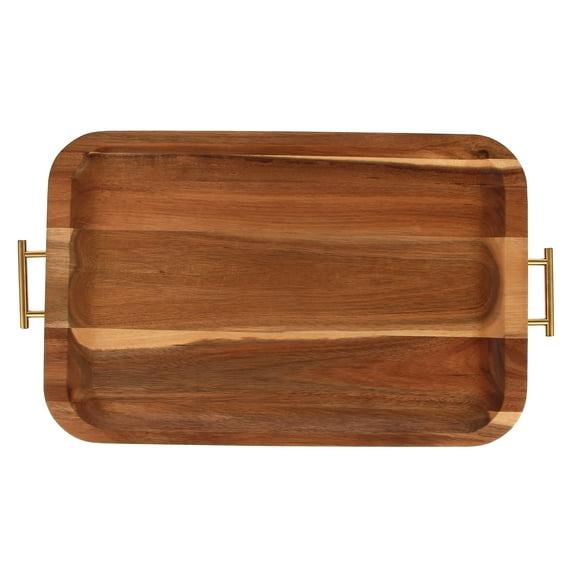 Better Homes & Gardens- Acacia Wood Rectangle Serving Tray with Gold Handles
