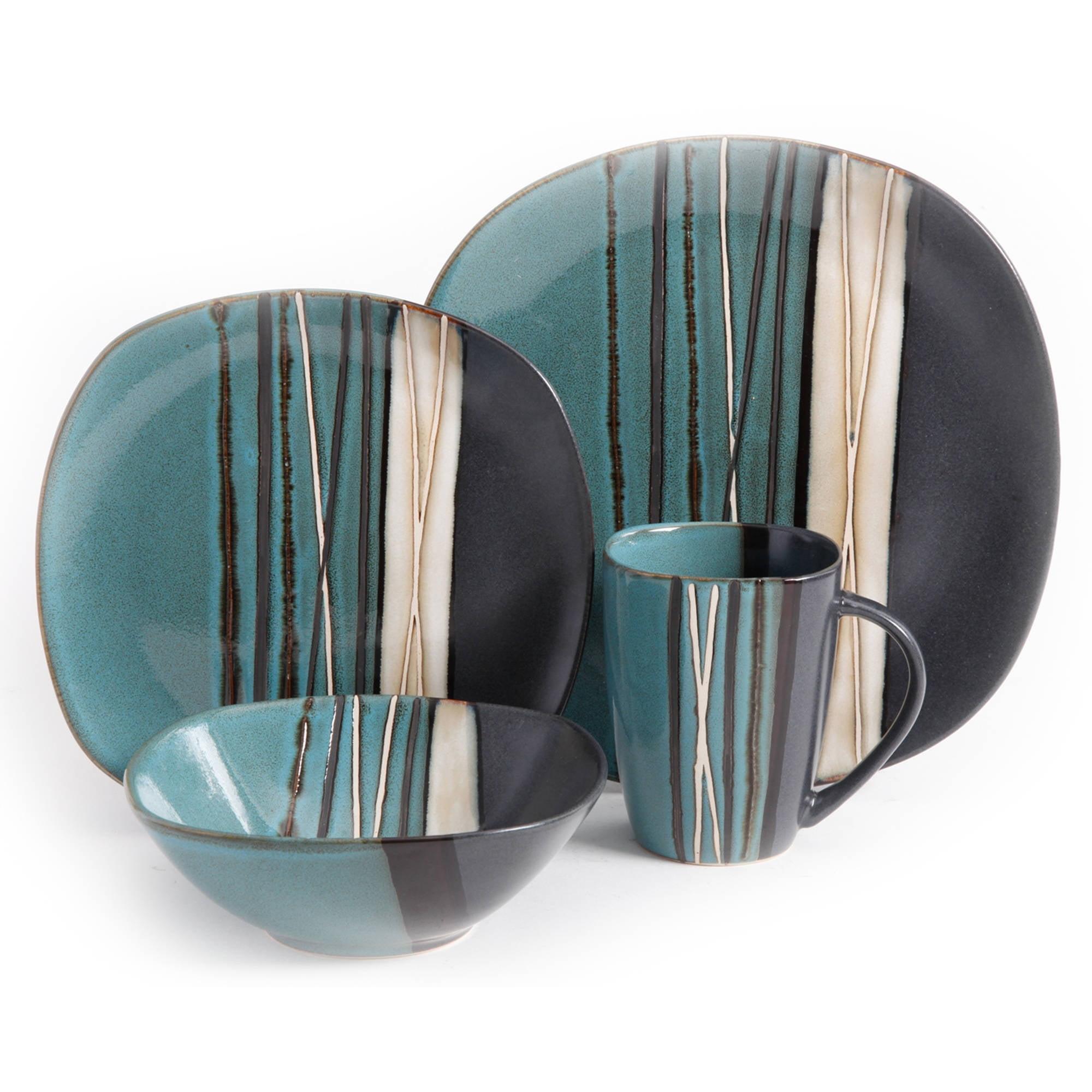 Teal and Black Stoneware 16-Piece Dinnerware Set