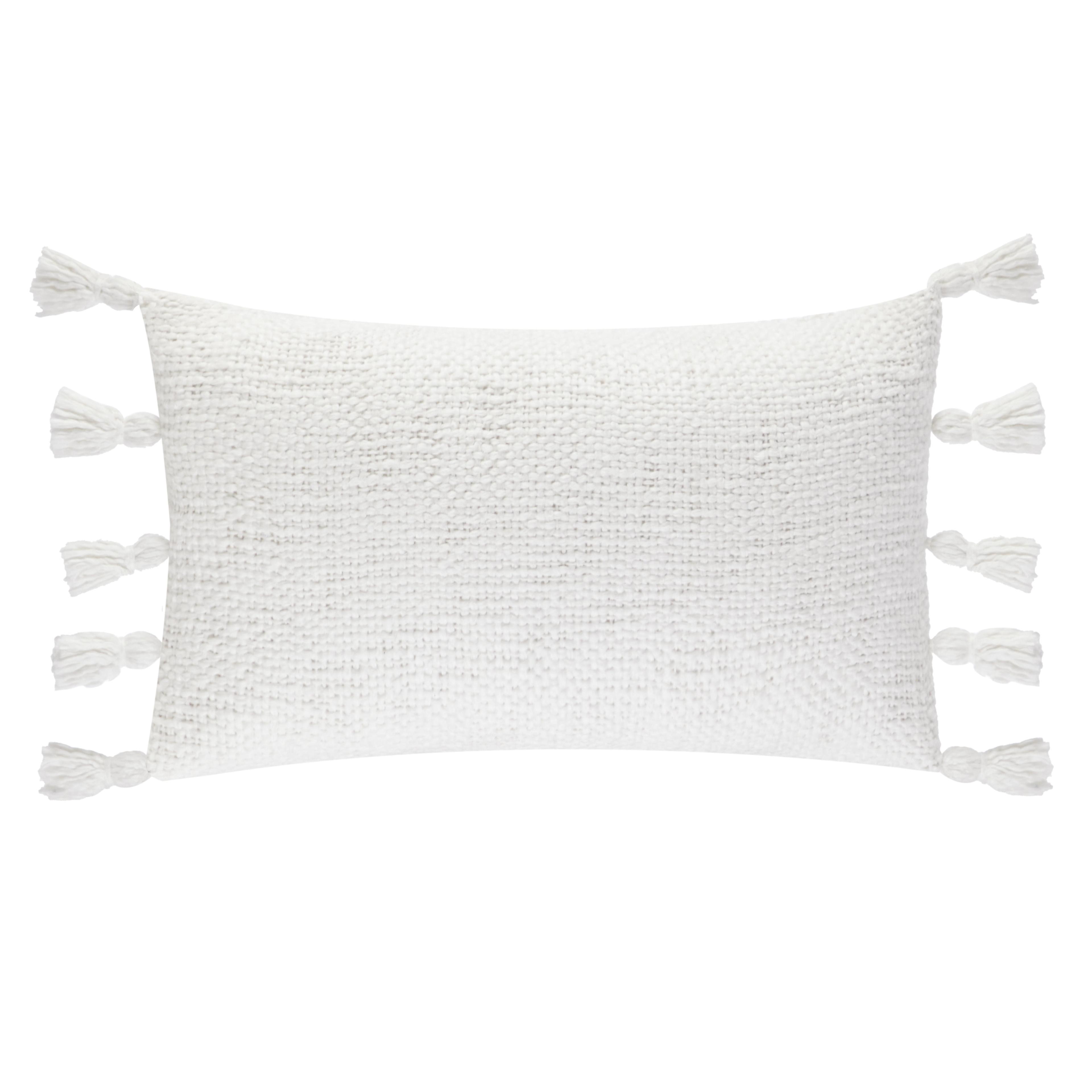 White Boucle Rectangular Pillow with Tassels 14" x 24"