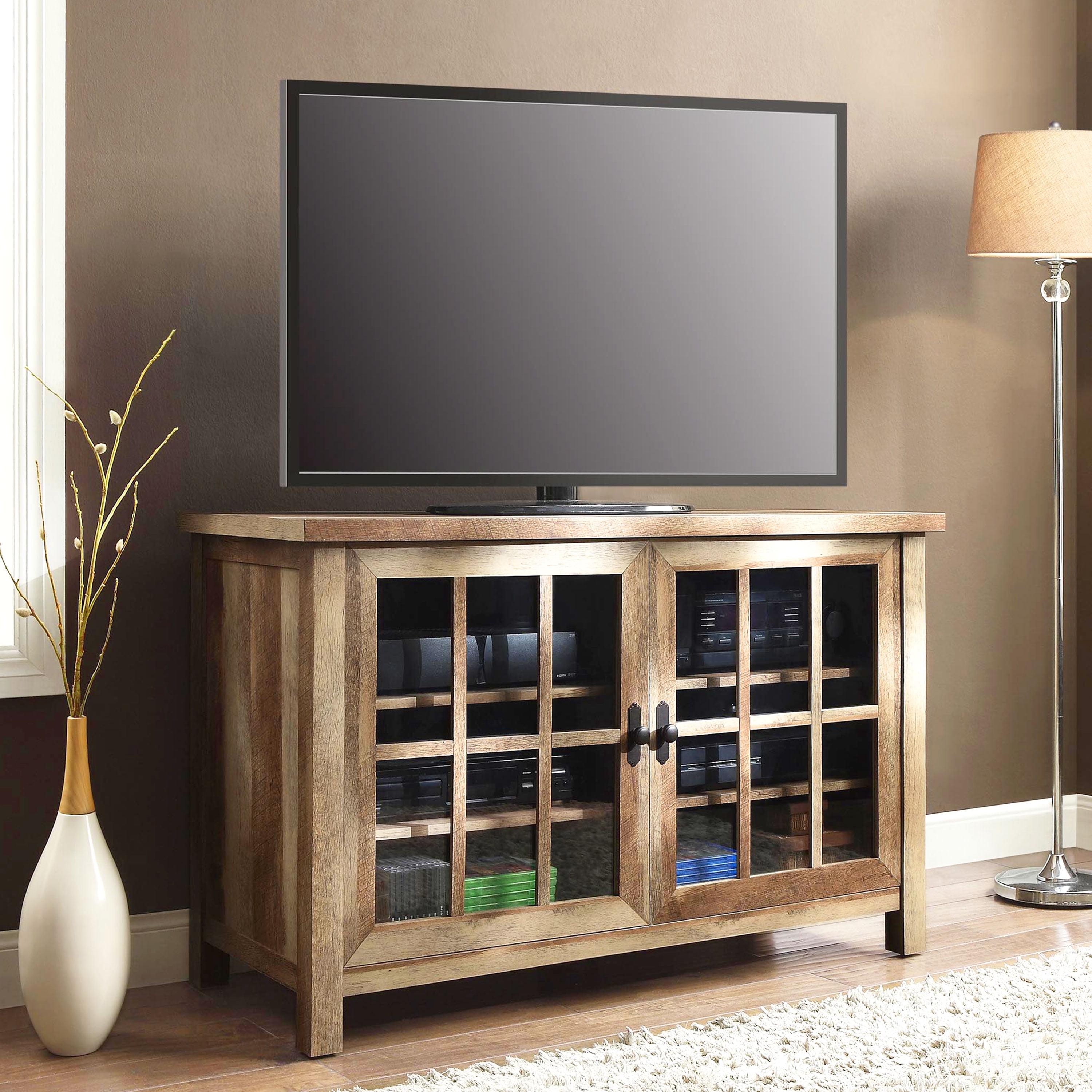 Rustic Brown Wood TV Stand with Glass Doors for 55" TVs