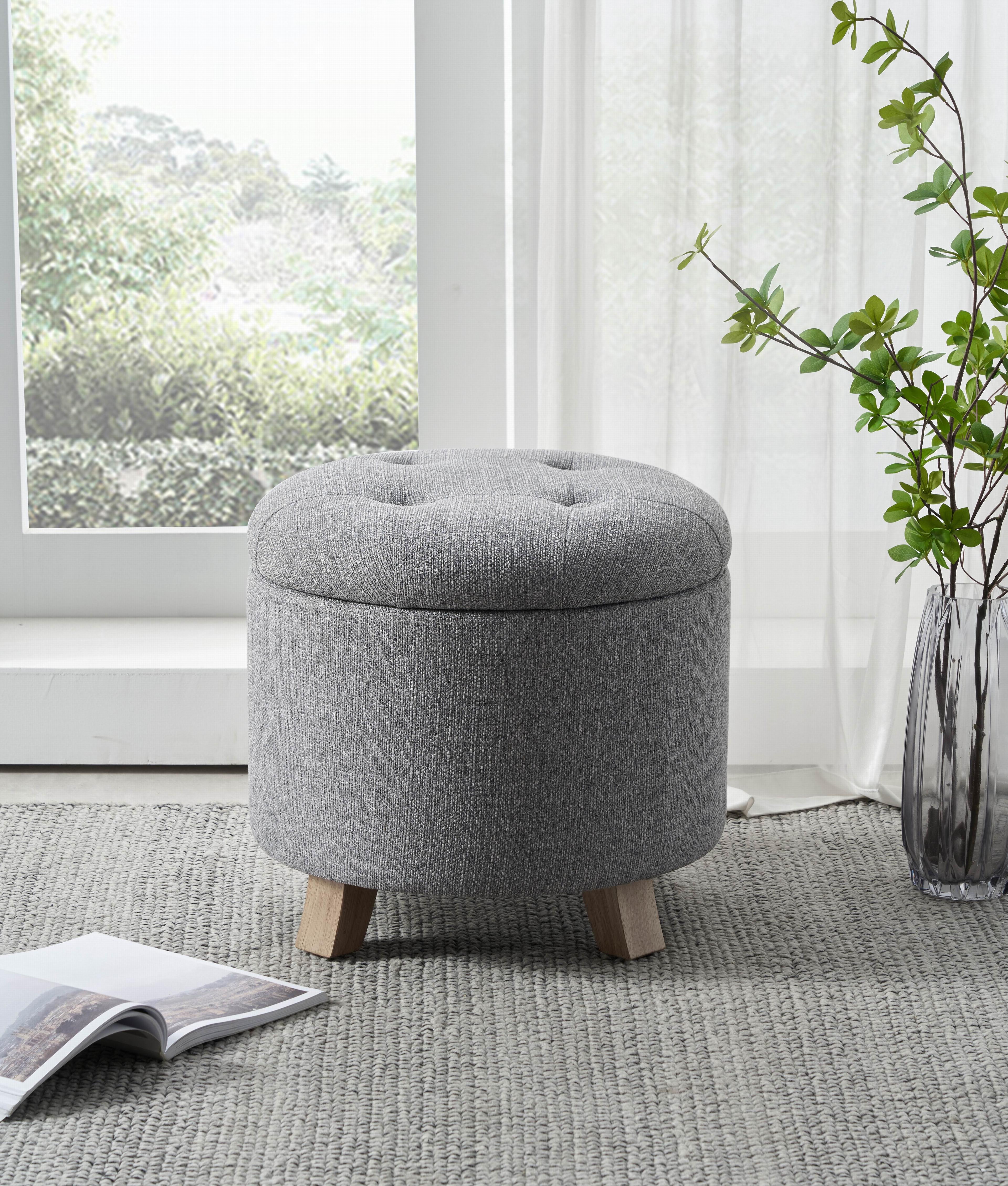 Gray Tufted Round Storage Ottoman with Faux Linen Upholstery