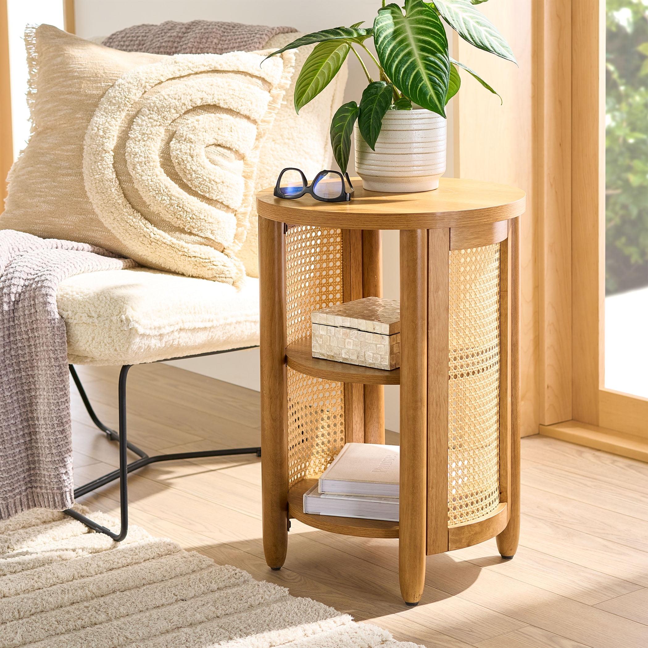 Light Honey Rattan Caning Round Side Table with Shelves