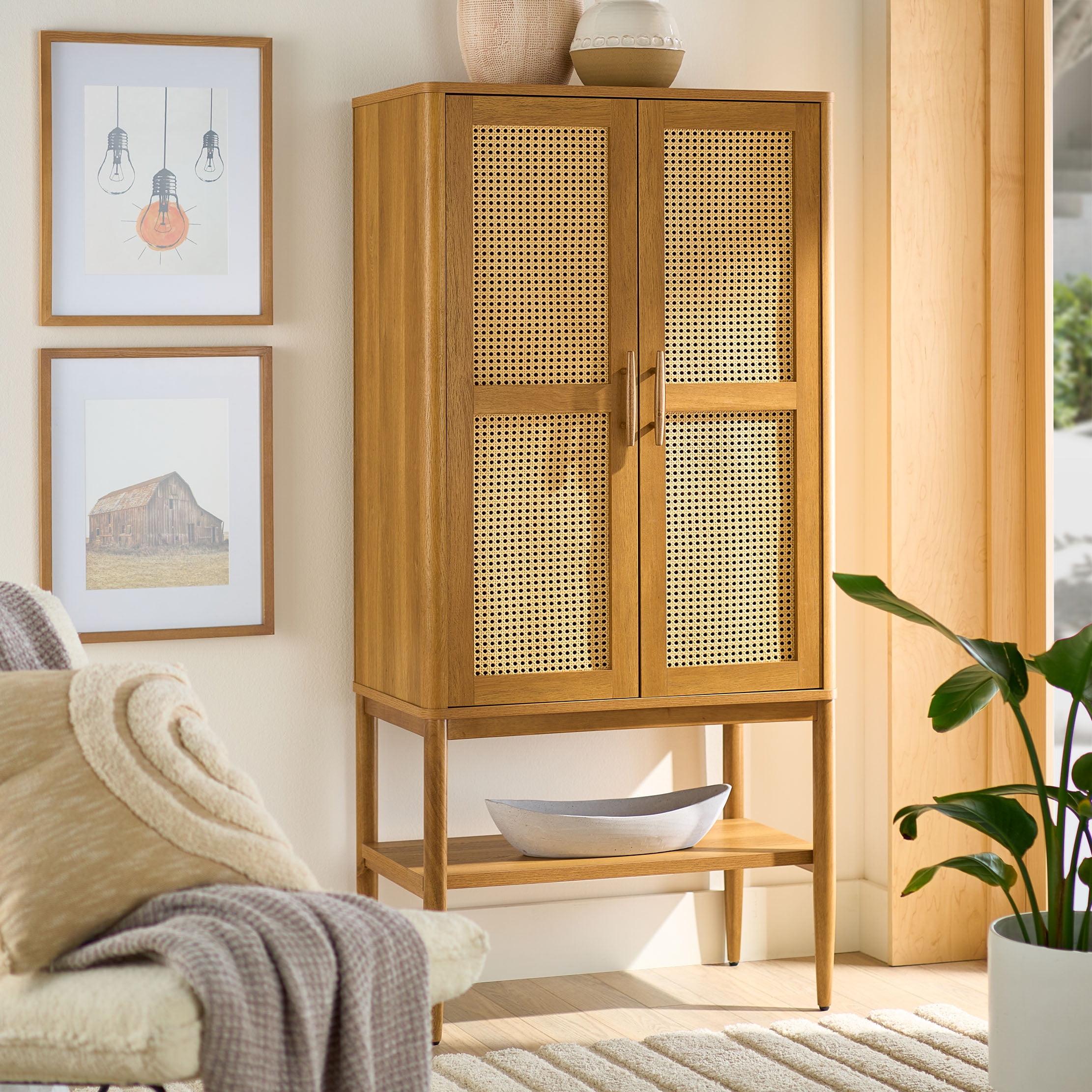 Light Honey Rattan Insert 2-Door Storage Cabinet with Lower Shelf