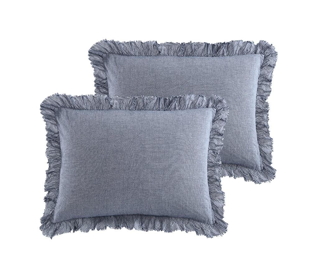 Blue Chambray Ruffled Cotton Standard Pillow Shams, 2-Pack